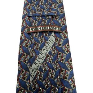 JZ Richards Mens Silk Geometric Square Necktie Blue Red Gold Made in USA (TF14)
